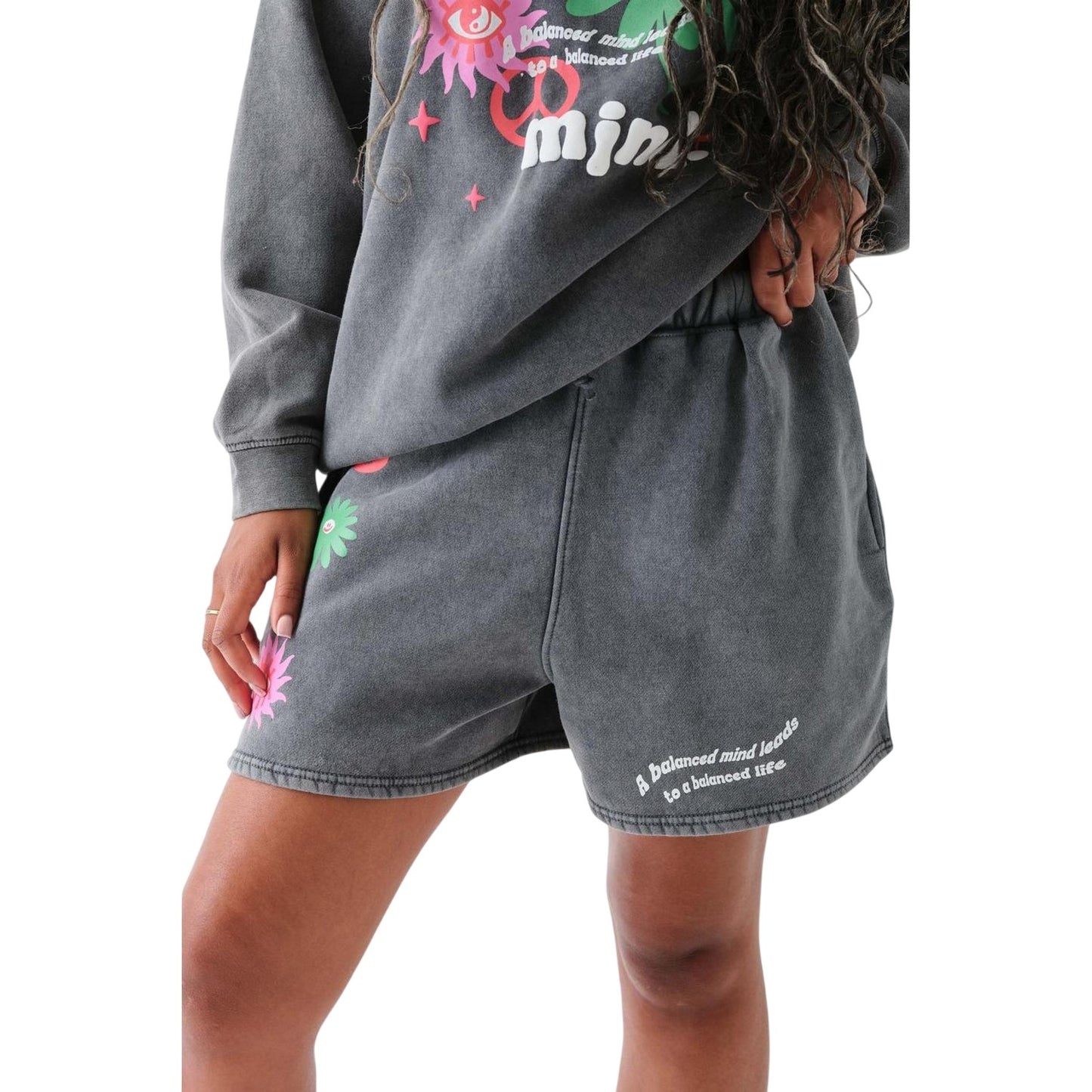 Grey - Front - Daisy Street Womens-Ladies Puff Print Sweat Shorts