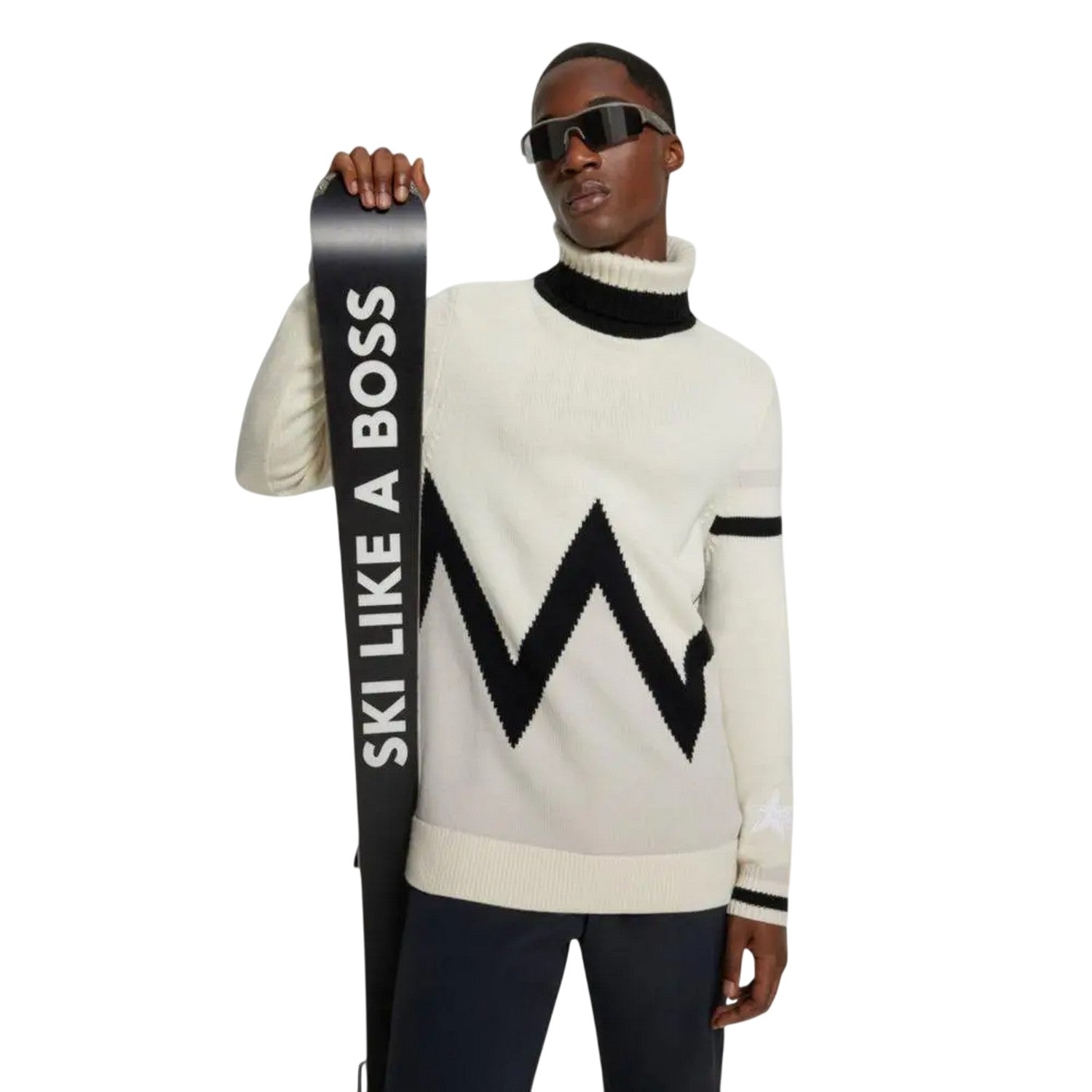 Light Beige - Side - Boss Mens Geometric Turtle Neck Skiing Sweatshirt
