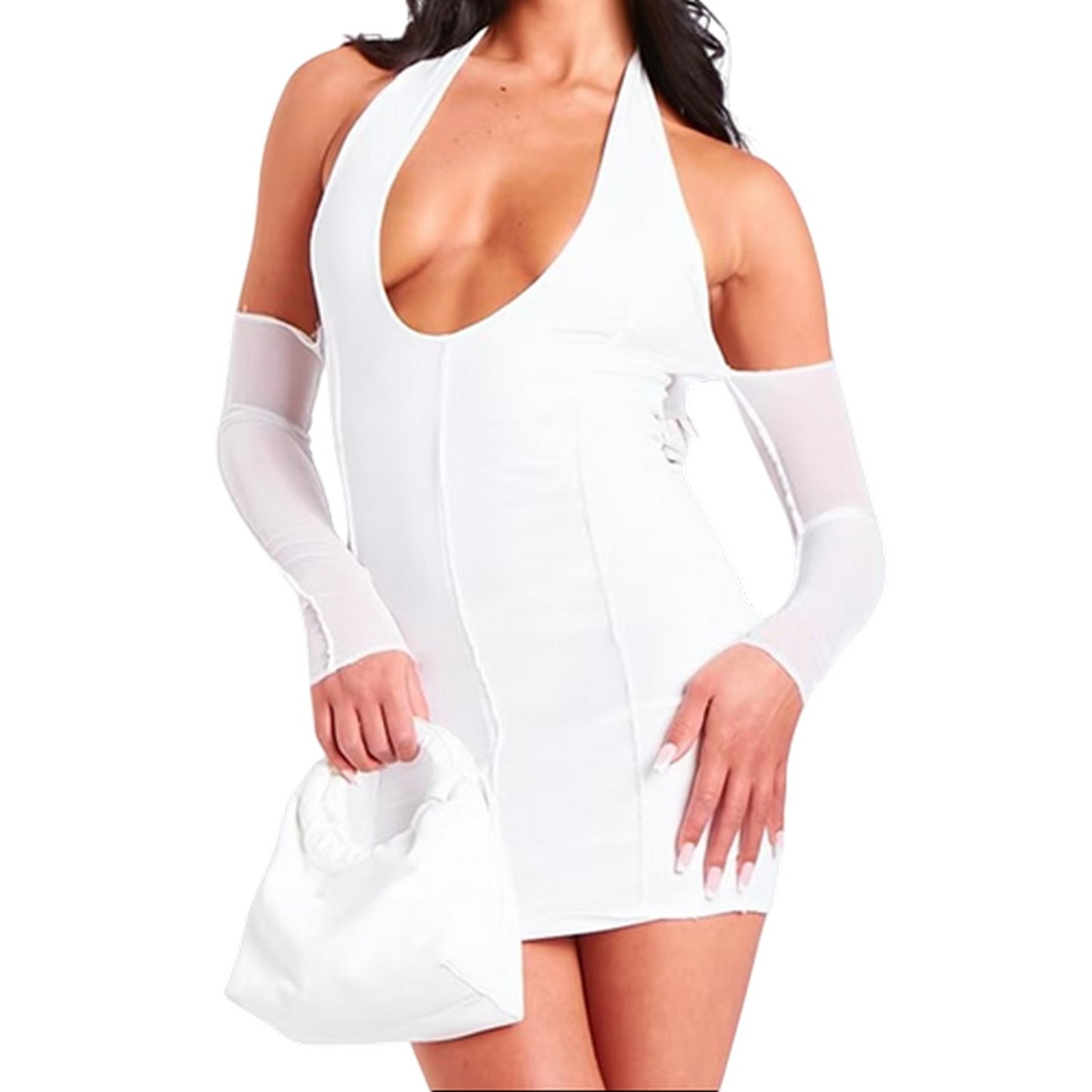 Ivory - Front - Missy Empire Womens-Ladies Halter Neck Mesh Sleeve Mini Dress