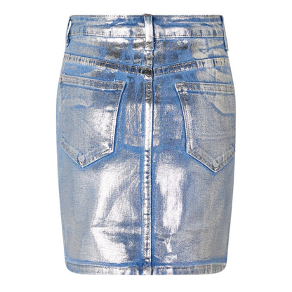 Blue - Back - AmyLynn Womens-Ladies Metallic Denim Mini Skirt
