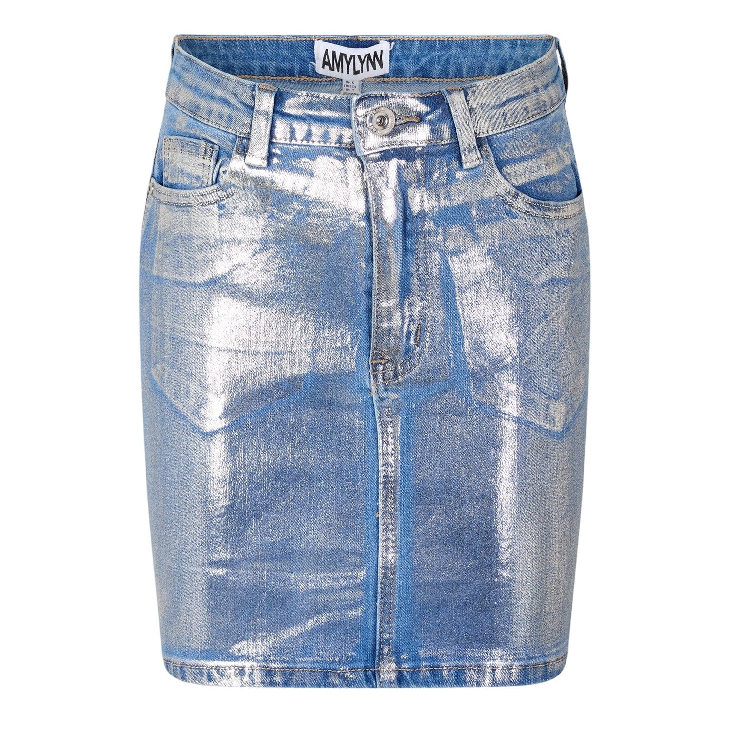 Blue - Front - AmyLynn Womens-Ladies Metallic Denim Mini Skirt