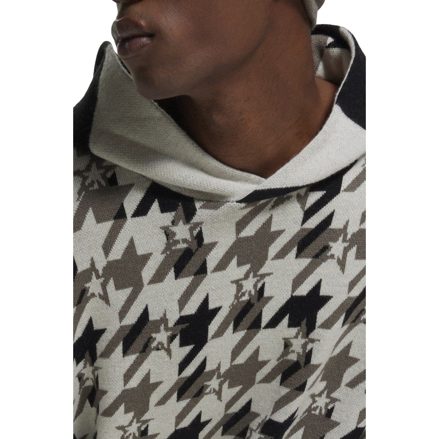 Beige - Back - Boss Mens Houndstooth Oversized Hoodie