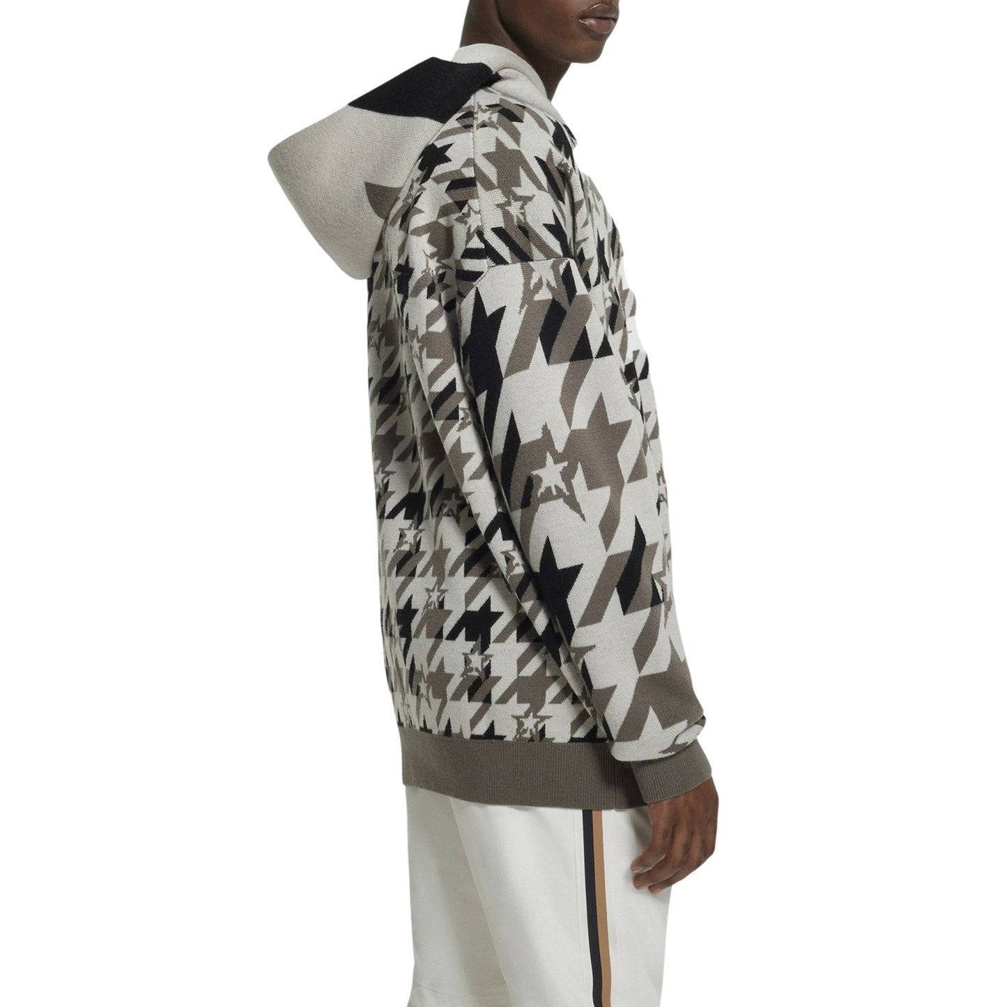 Beige - Side - Boss Mens Houndstooth Oversized Hoodie