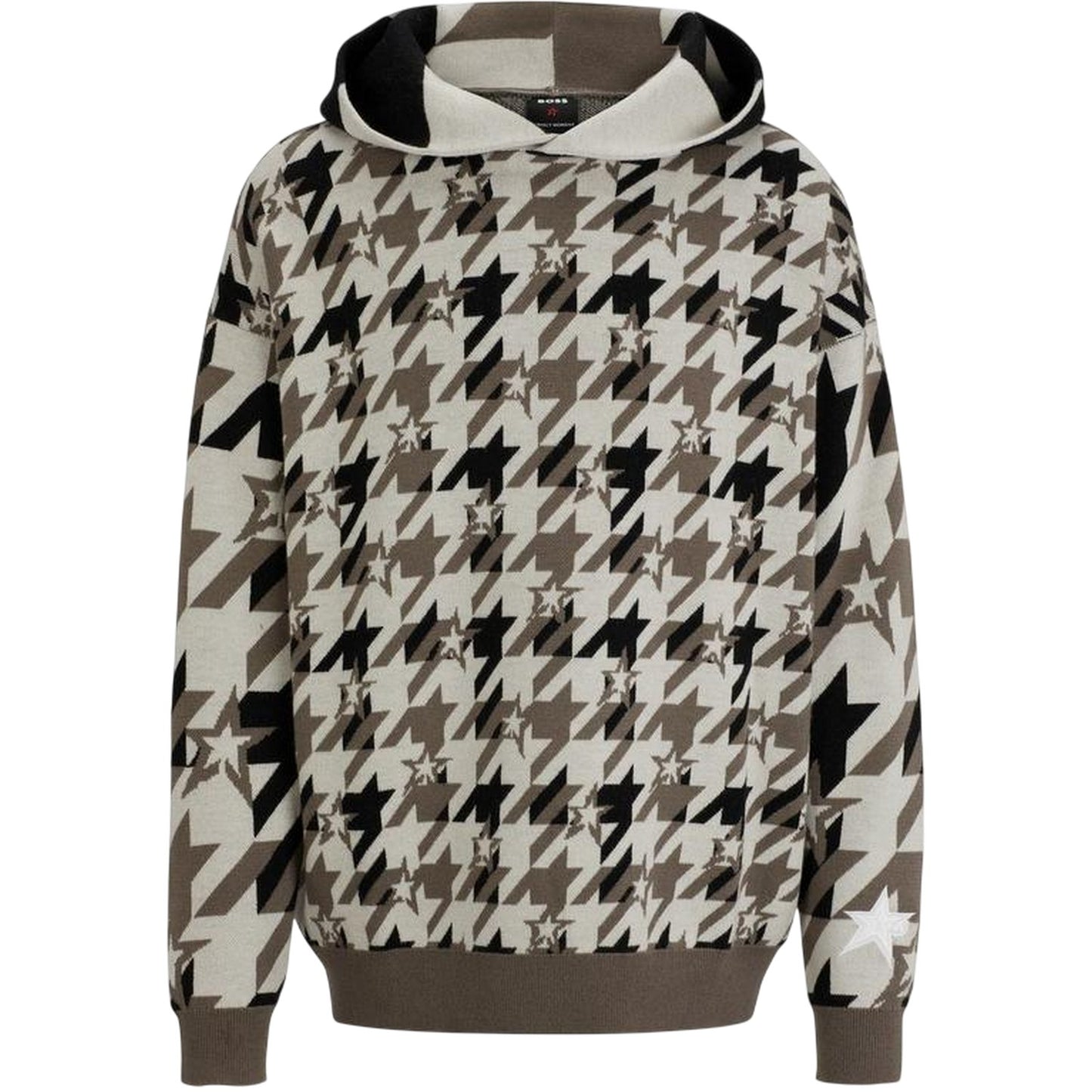 Beige - Front - Boss Mens Houndstooth Oversized Hoodie