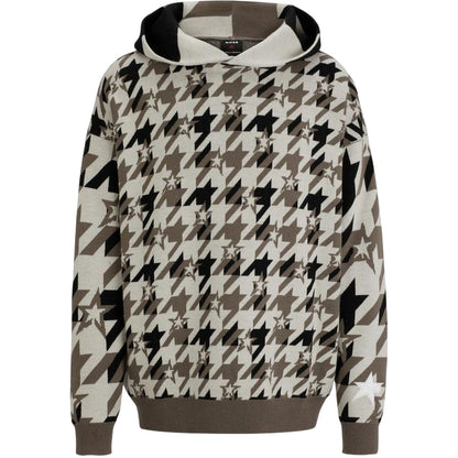 Beige - Front - Boss Mens Houndstooth Oversized Hoodie