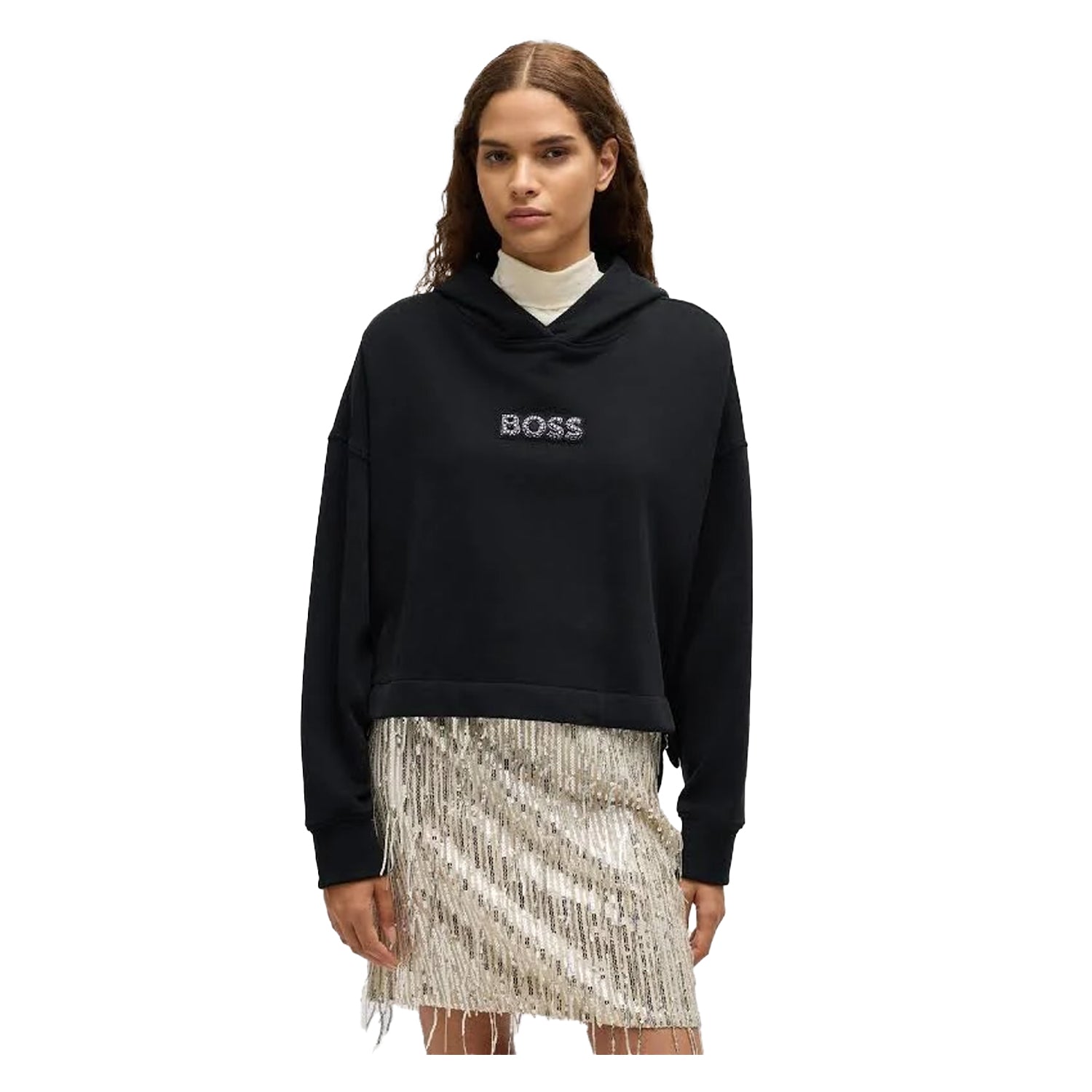 Black - Side - Boss Womens-Ladies Diamante Drawstring Hoodie