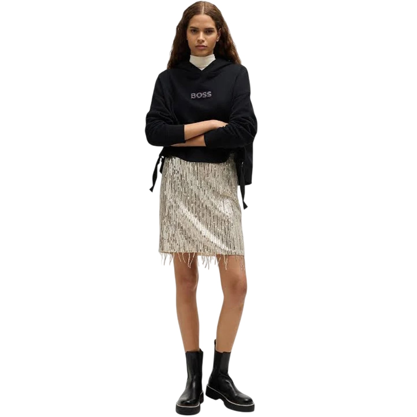 Black - Lifestyle - Boss Womens-Ladies Diamante Drawstring Hoodie