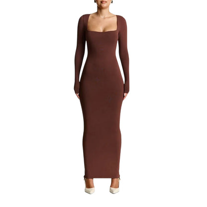 Chocolate - Pack Shot - Ward Womens-Ladies Sculpt Polyester Square Neck Maxi Dress