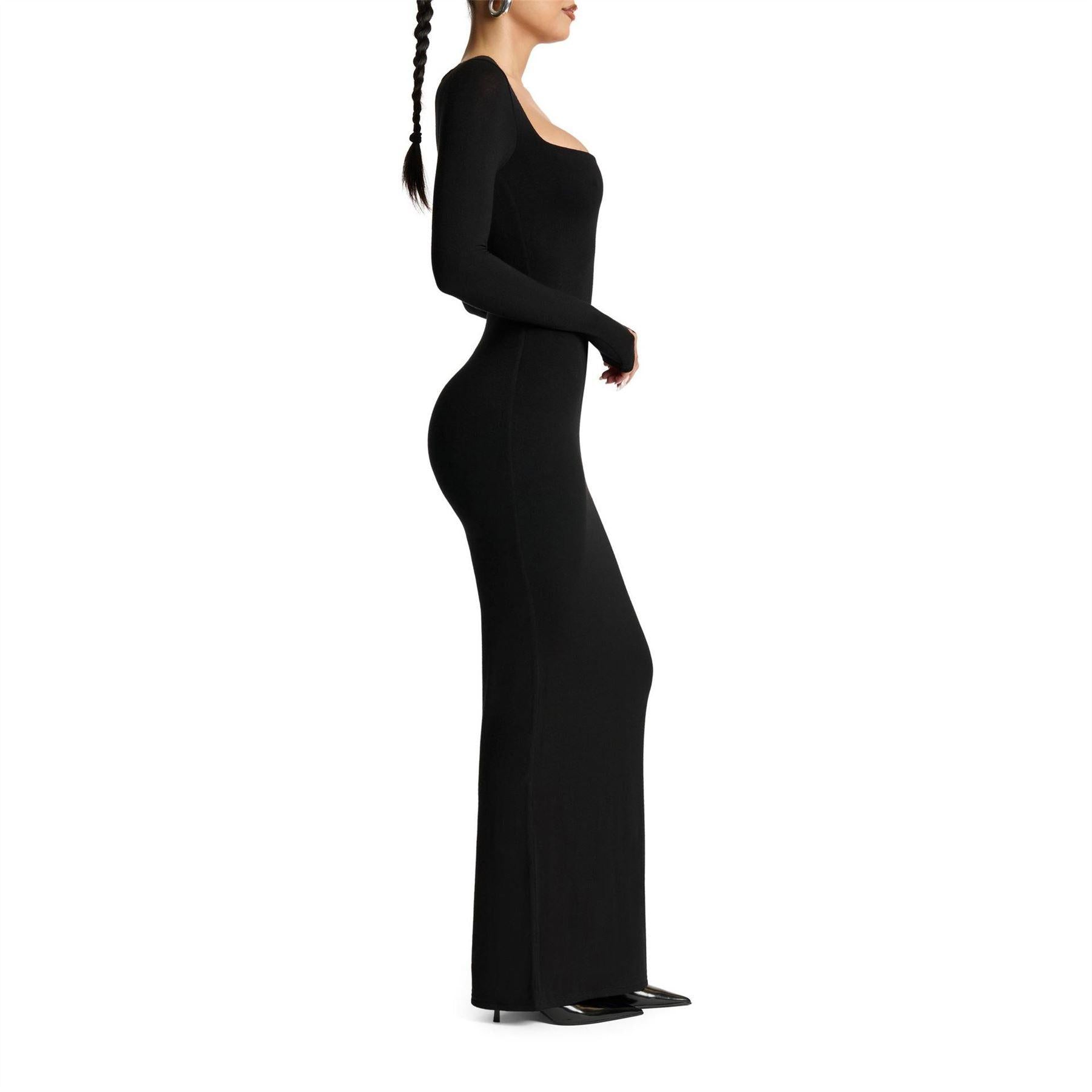 Black - Side - Ward Womens-Ladies Sculpt Polyester Square Neck Maxi Dress
