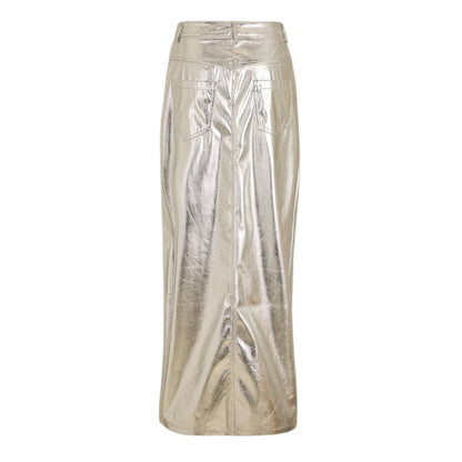 Silver Metallic - Back - AmyLynn Womens-Ladies Lupe Metallic Front Slit Pencil Skirt