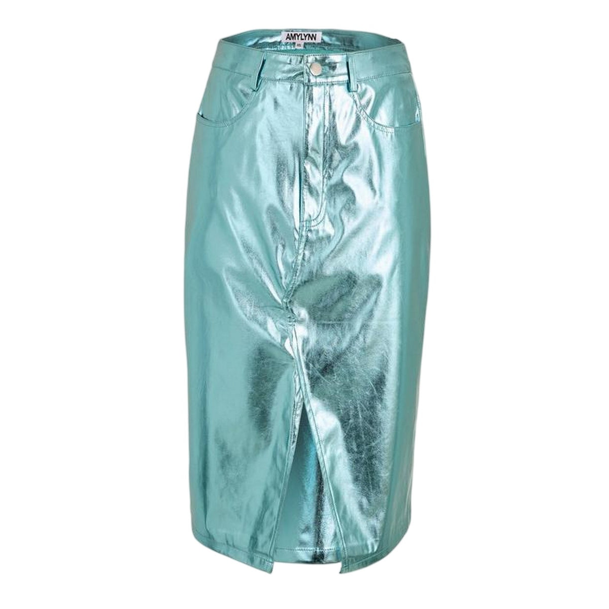 Blue - Front - AmyLynn Womens-Ladies Metallic Faux Leather Pencil Skirt