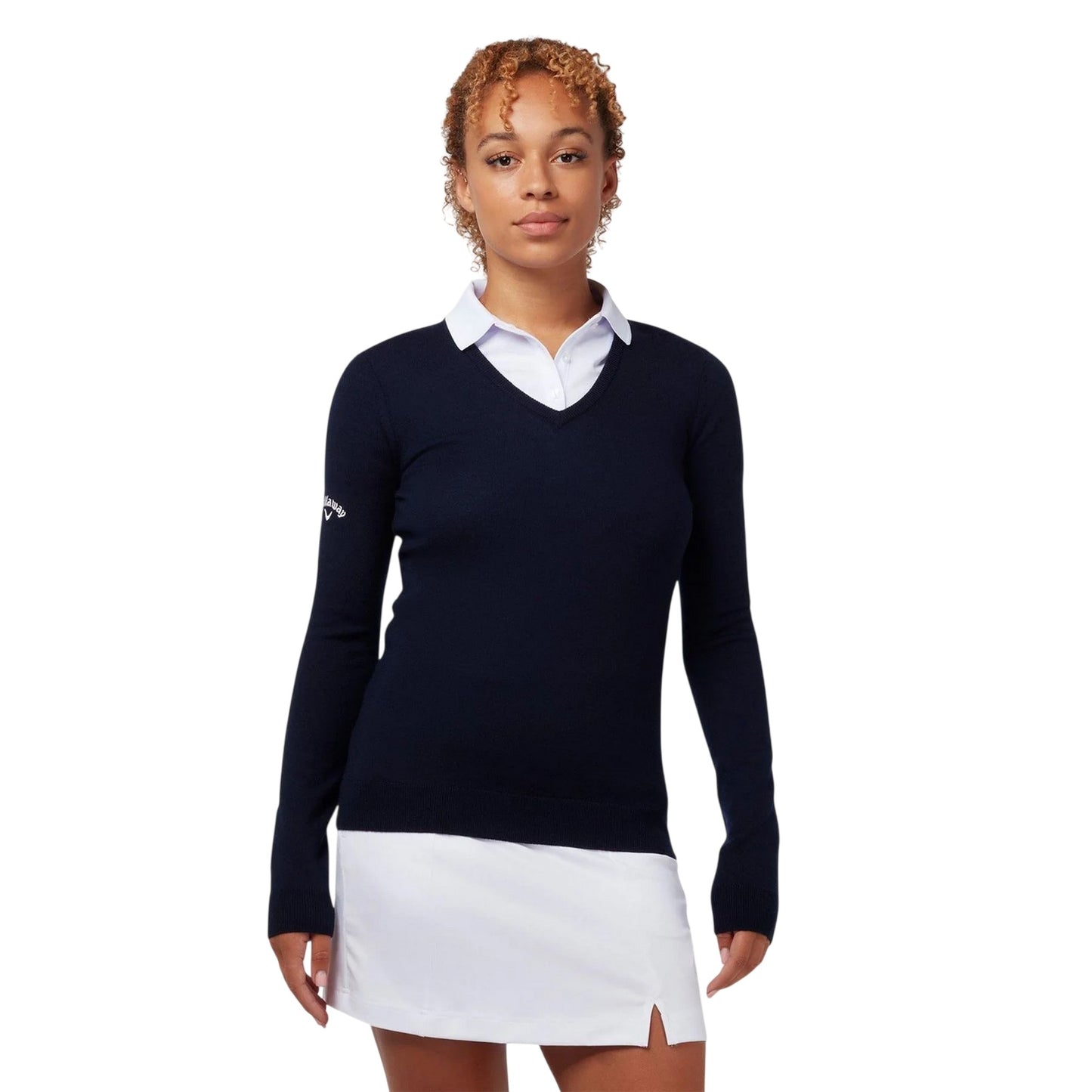 Dark Navy - Pack Shot - Callaway Womens-Ladies Fine Knit V Neck Long-Sleeved Golf Pullover