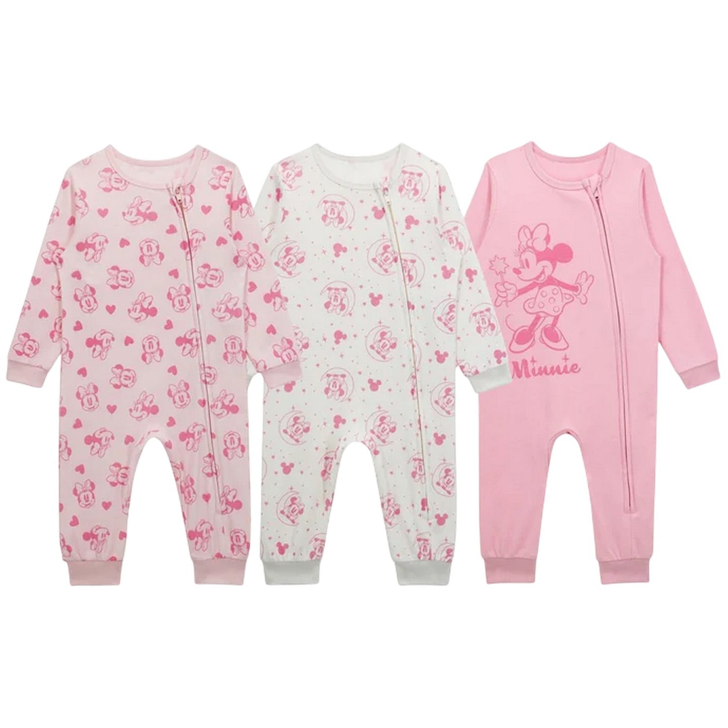 Pink-White - Front - Disney Baby Minnie Mouse Snug Fit Sleepsuit (Pack of 3)