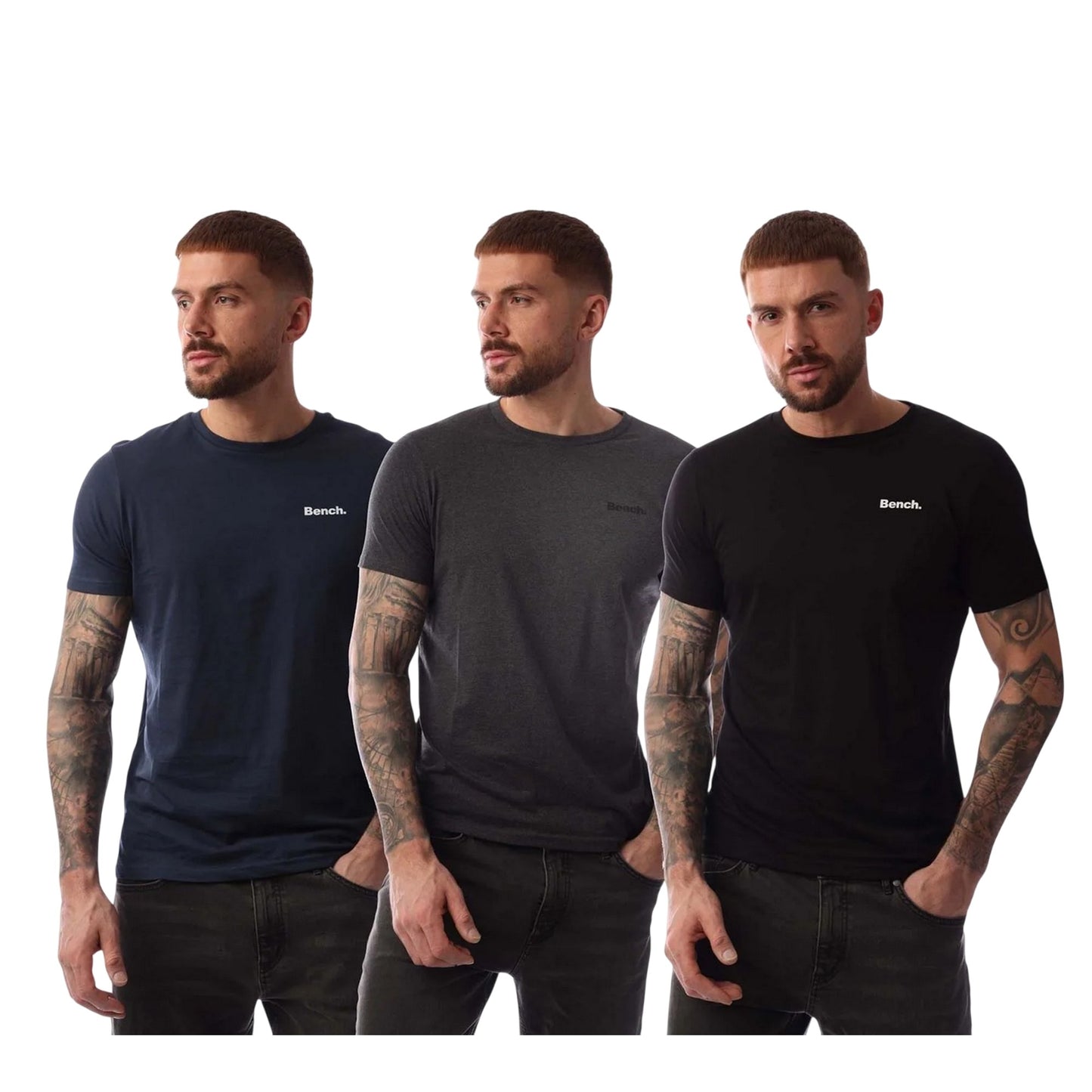 Navy-Grey-Black - Front - Bench Mens Logo Cotton T-Shirt (Pack of 3)