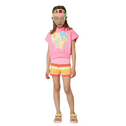 Coral - Side - Billieblush Girls Crochet Wave Stripe Shorts