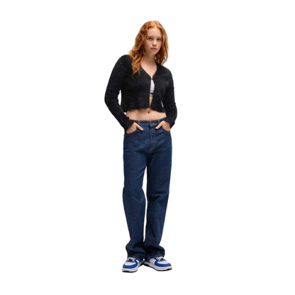 Black - Side - Hugo Womens-Ladies Cropped Relaxed Fit Long-Sleeved Cardigan