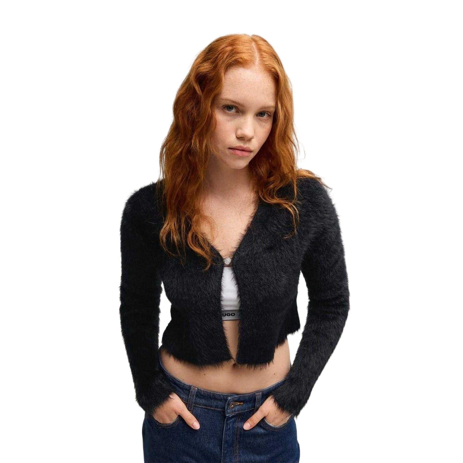 Black - Front - Hugo Womens-Ladies Cropped Relaxed Fit Long-Sleeved Cardigan
