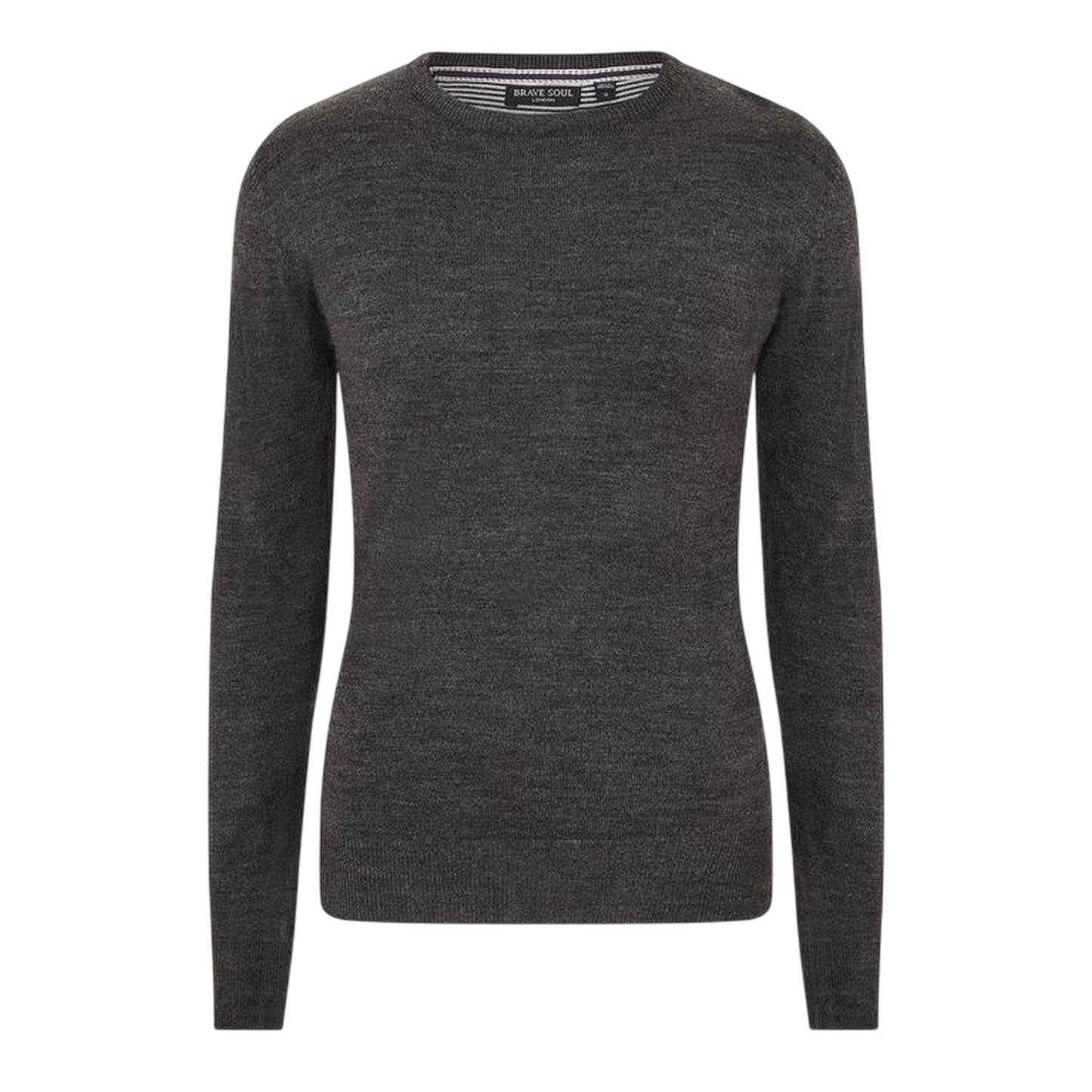 Dark Charcoal Marl - Front - Brave Soul Mens Flat Knit Crew Neck Jumper