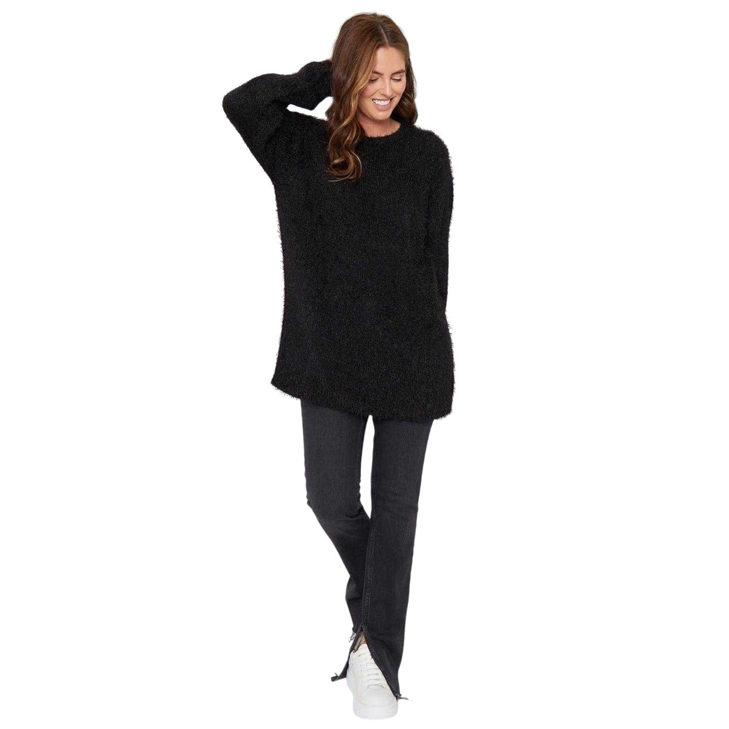 Black - Side - Be You Womens-Ladies Fluffy Relaxed Fit Sweater Top