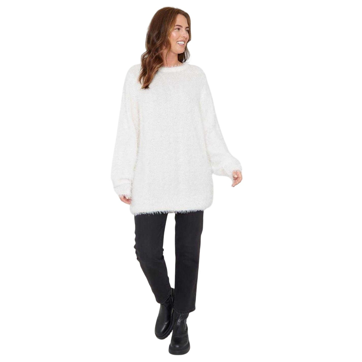 Cream - Side - Be You Womens-Ladies Fluffy Relaxed Fit Sweater Top