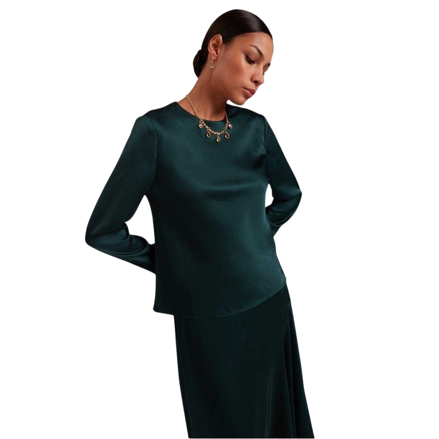 Dark Green - Front - Ted Baker Womens-Ladies Mesh Crew Neck Long-Sleeved Top