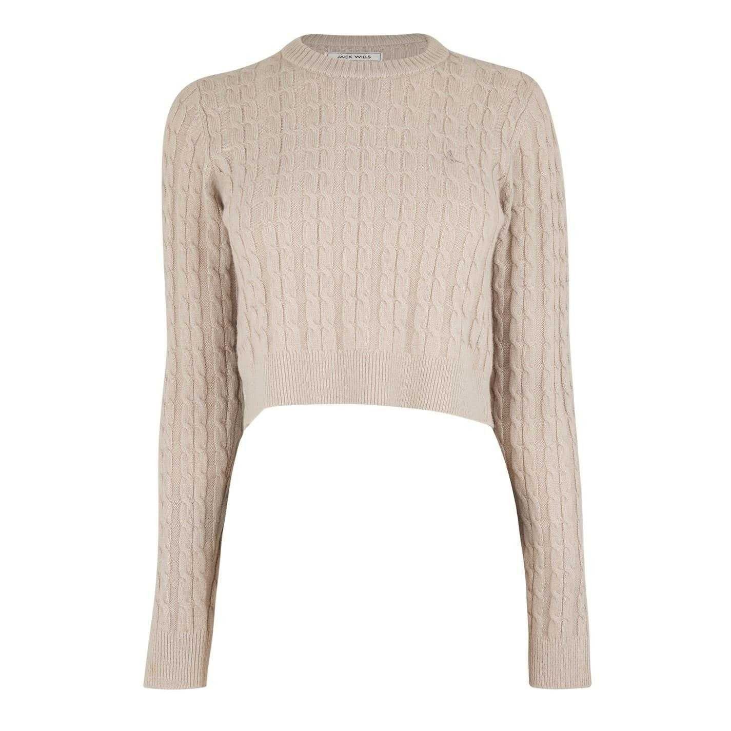 Stone - Front - Jack Wills Womens-Ladies Tinsbury Cable Knit Cropped Sweater Top