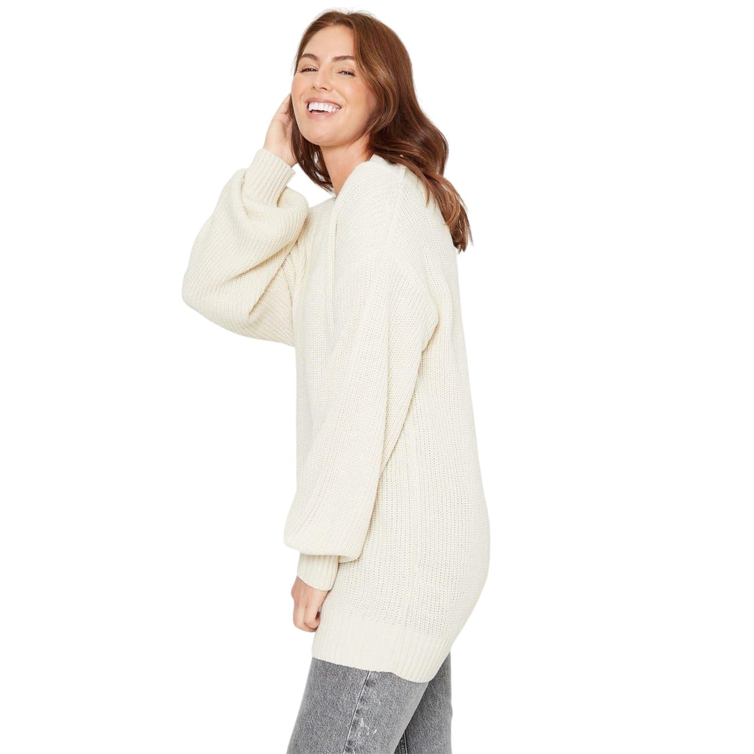 Beige - Side - Be You Womens-Ladies V Neck Oversized Tunic Top