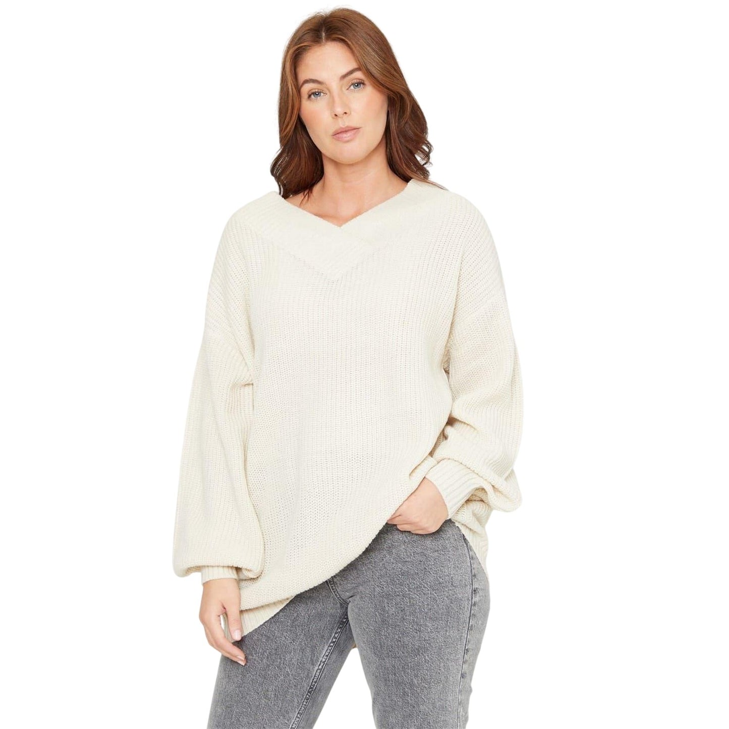 Beige - Front - Be You Womens-Ladies V Neck Oversized Tunic Top