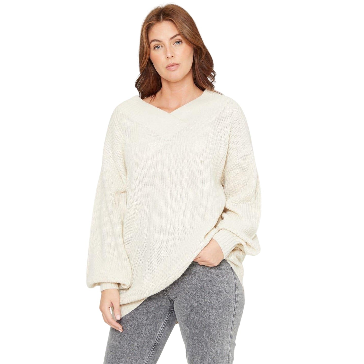 Beige - Front - Be You Womens-Ladies V Neck Oversized Tunic Top