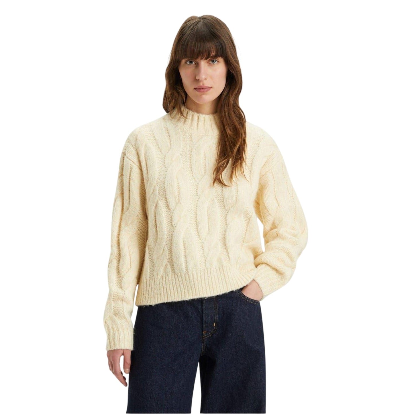 White - Front - Levis Womens-Ladies Isabel Cable Knit Mock Neck Relaxed Fit Sweater Top