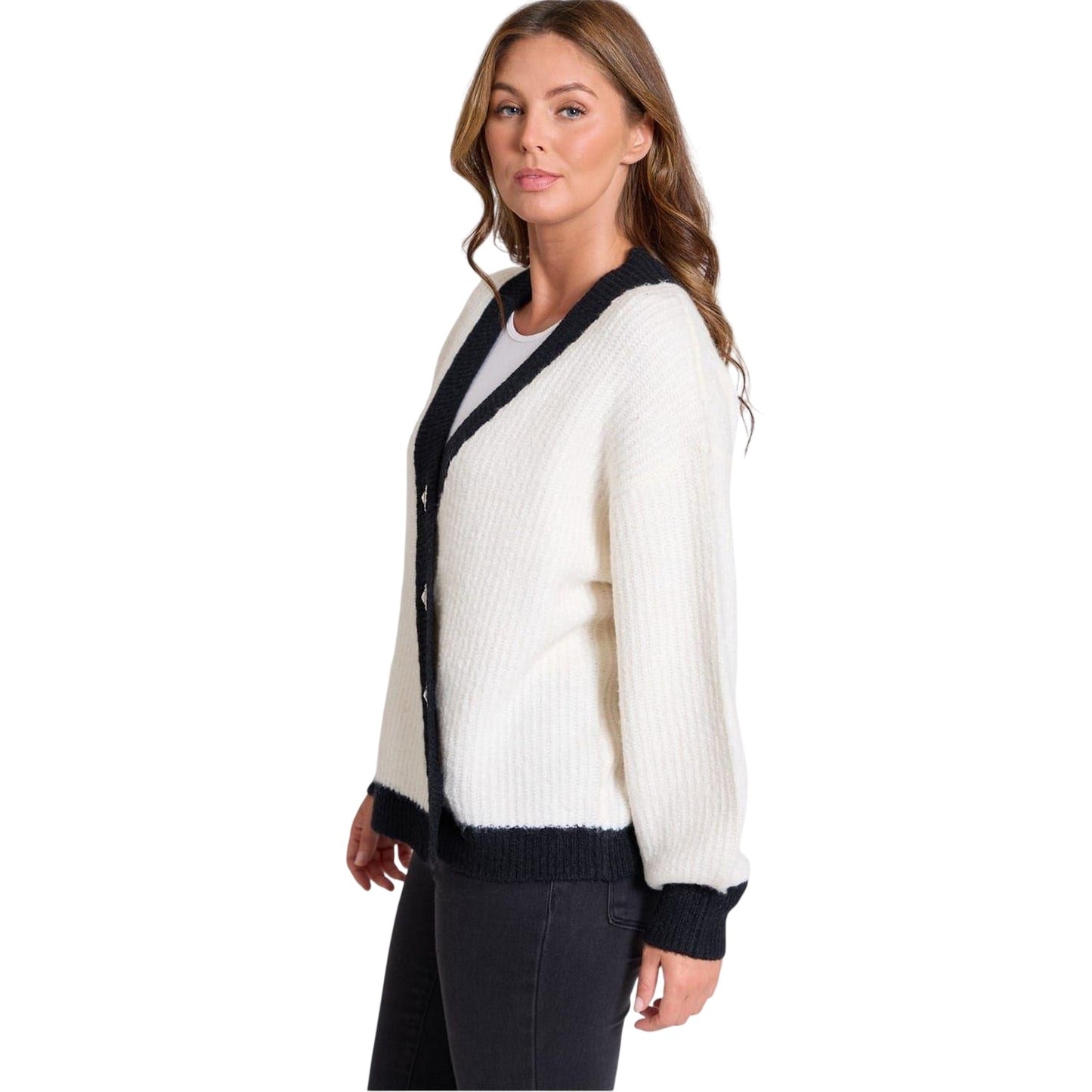 White - Side - Be You Womens-Ladies Asymmetric V Neck Relaxed Fit Cardigan