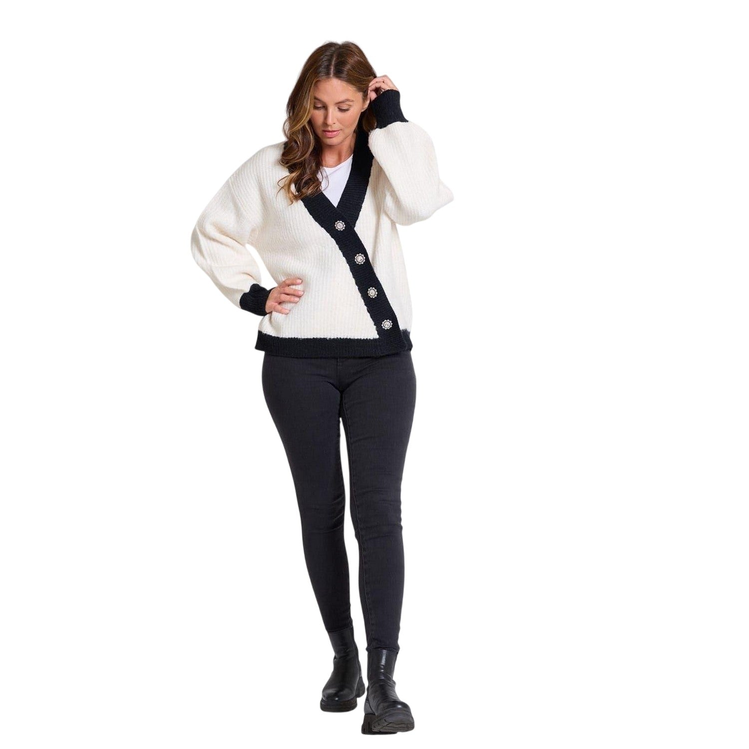 White - Lifestyle - Be You Womens-Ladies Asymmetric V Neck Relaxed Fit Cardigan