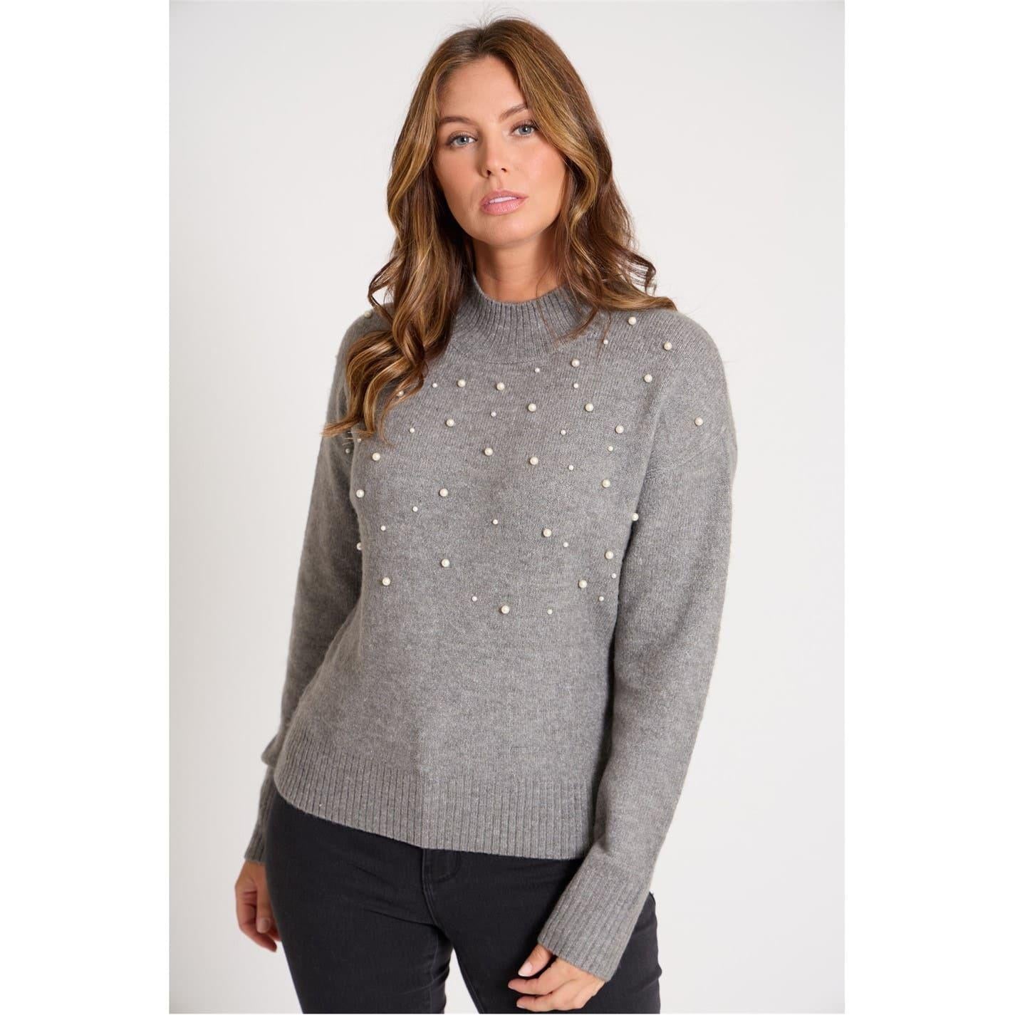Grey - Front - Be You Womens-Ladies Pearl Crew Neck Long-Sleeved Sweater Top