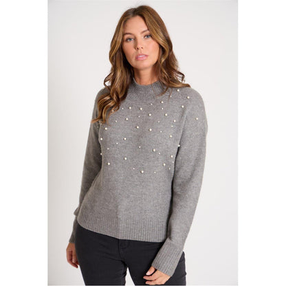 Grey - Front - Be You Womens-Ladies Pearl Crew Neck Long-Sleeved Sweater Top