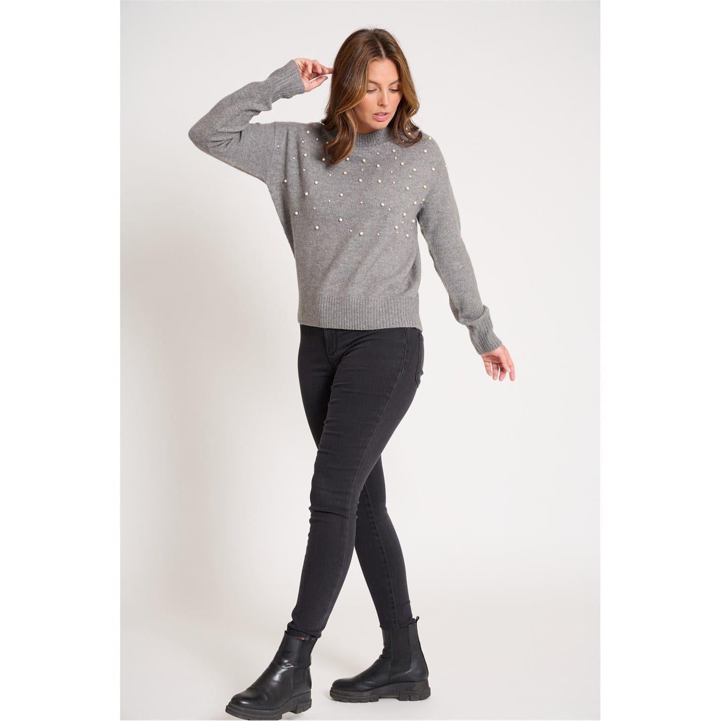 Grey - Back - Be You Womens-Ladies Pearl Crew Neck Long-Sleeved Sweater Top