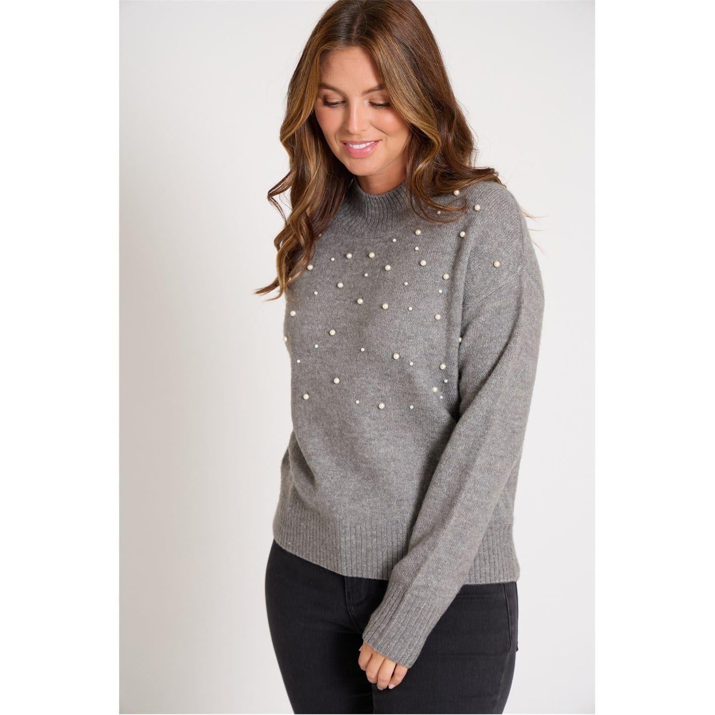 Grey - Pack Shot - Be You Womens-Ladies Pearl Crew Neck Long-Sleeved Sweater Top