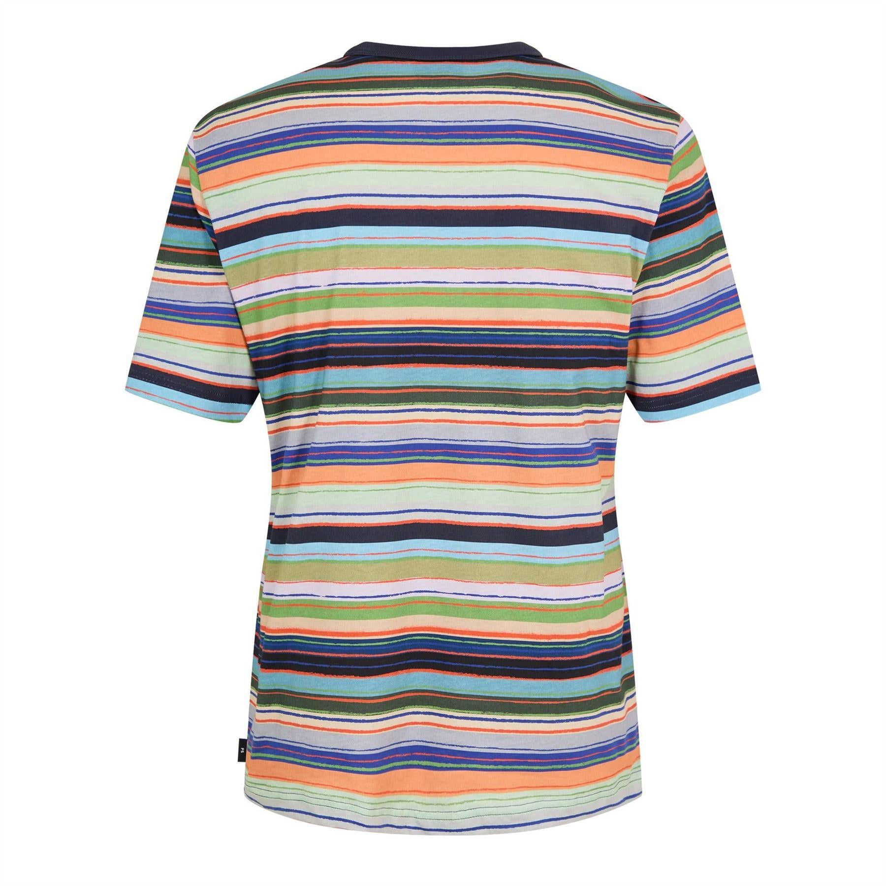 Multicoloured - Back - Paul Smith Mens Multi Stripe Cotton Regular T-Shirt