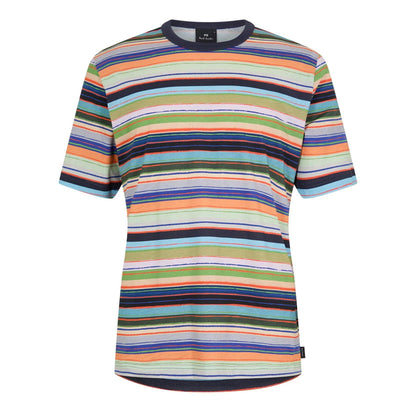 Multicoloured - Front - Paul Smith Mens Multi Stripe Cotton Regular T-Shirt