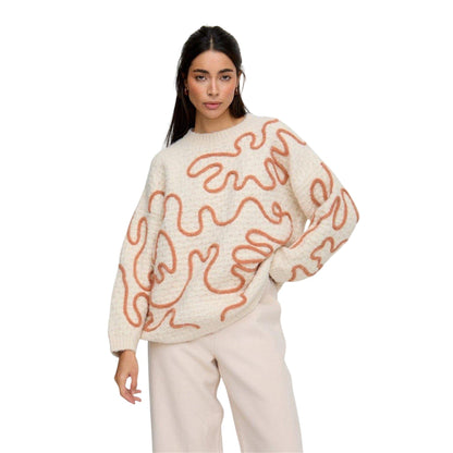 Cream - Side - Raffya Womens-Ladies Elton Embroidered Oversized Sweater Top
