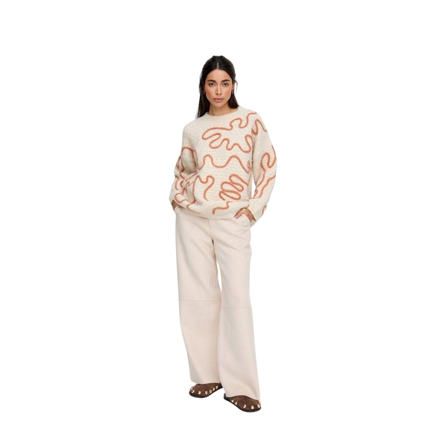 Cream - Lifestyle - Raffya Womens-Ladies Elton Embroidered Oversized Sweater Top