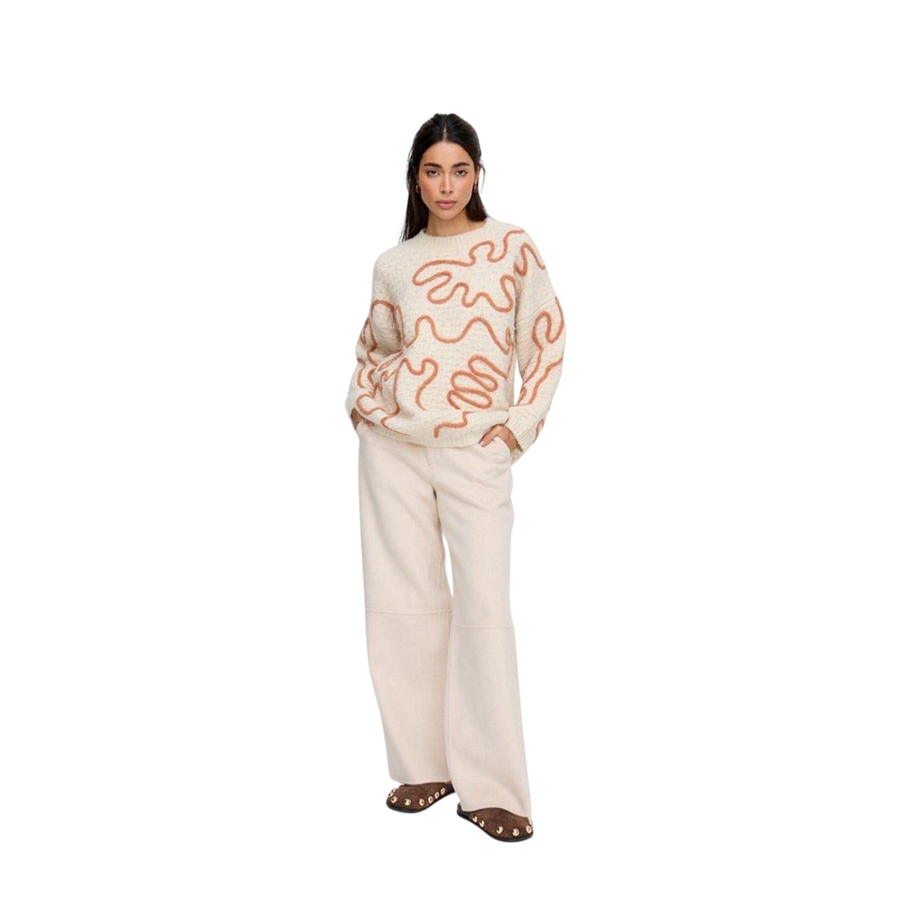 Cream - Lifestyle - Raffya Womens-Ladies Elton Embroidered Oversized Sweater Top
