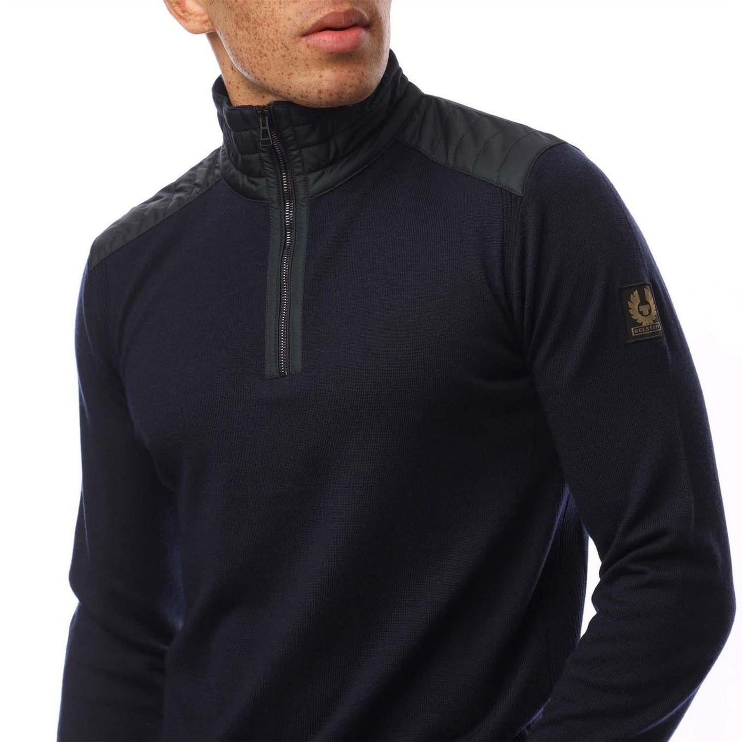 Navy - Side - Belstaff Mens Quilted Merino Wool Long-Sleeved Jumper