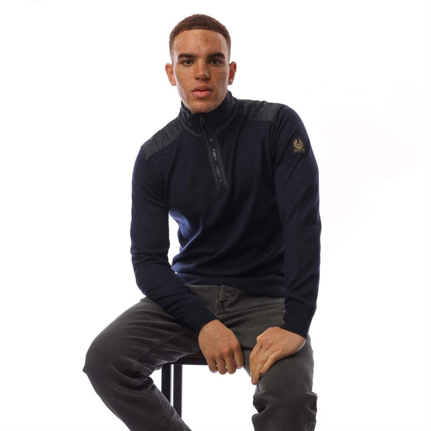 Navy - Lifestyle - Belstaff Mens Quilted Merino Wool Long-Sleeved Jumper