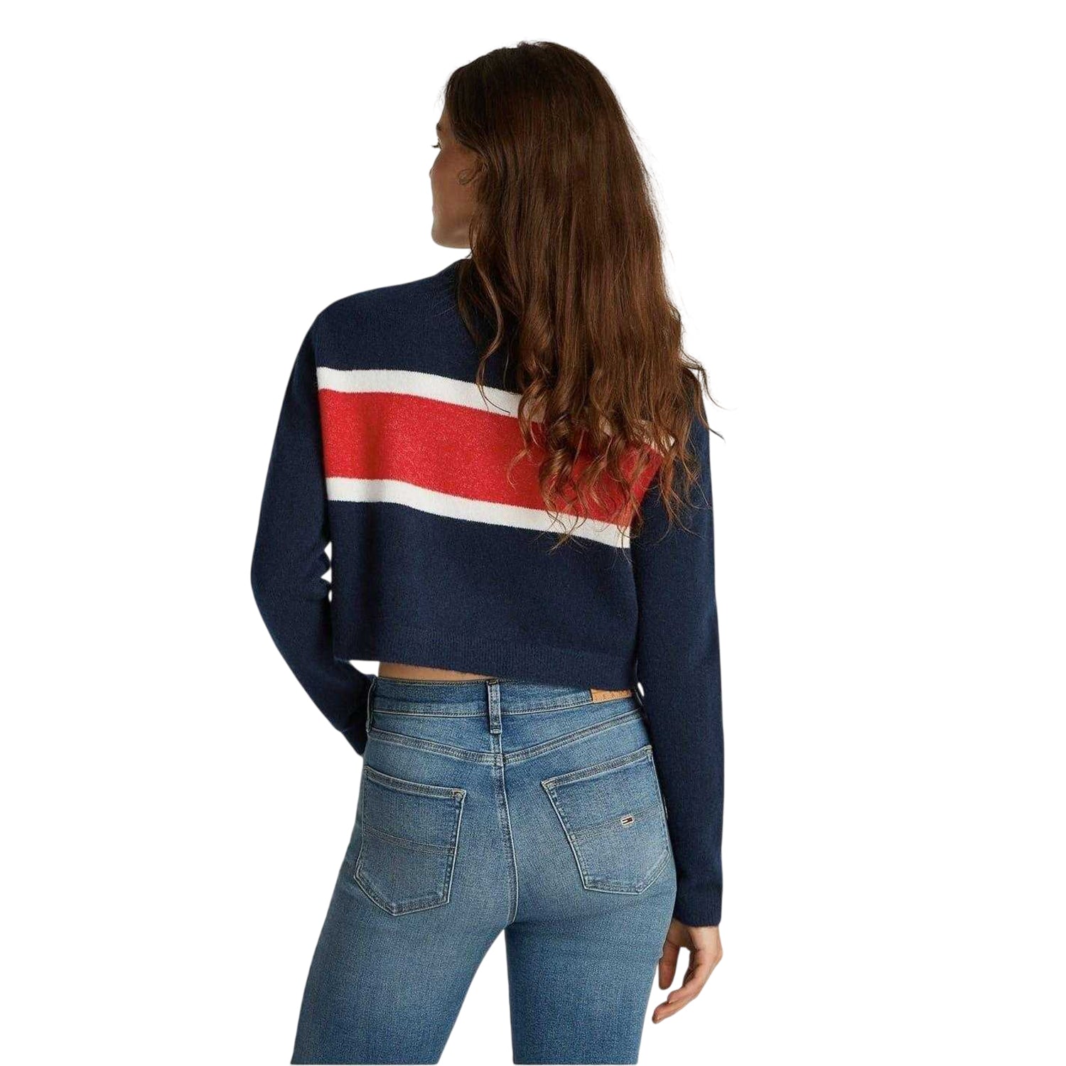 Dark Navy - Back - Tommy Jeans Womens-Ladies Colour Block Cropped Sweater Top