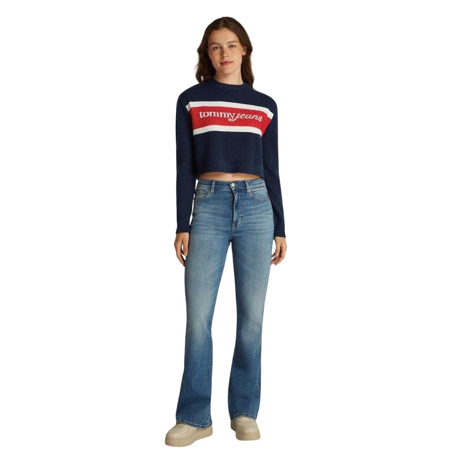 Dark Navy - Side - Tommy Jeans Womens-Ladies Colour Block Cropped Sweater Top
