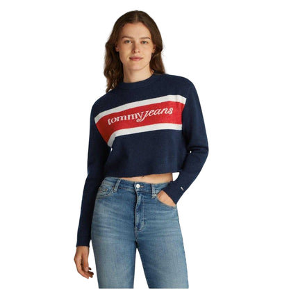 Dark Navy - Front - Tommy Jeans Womens-Ladies Colour Block Cropped Sweater Top