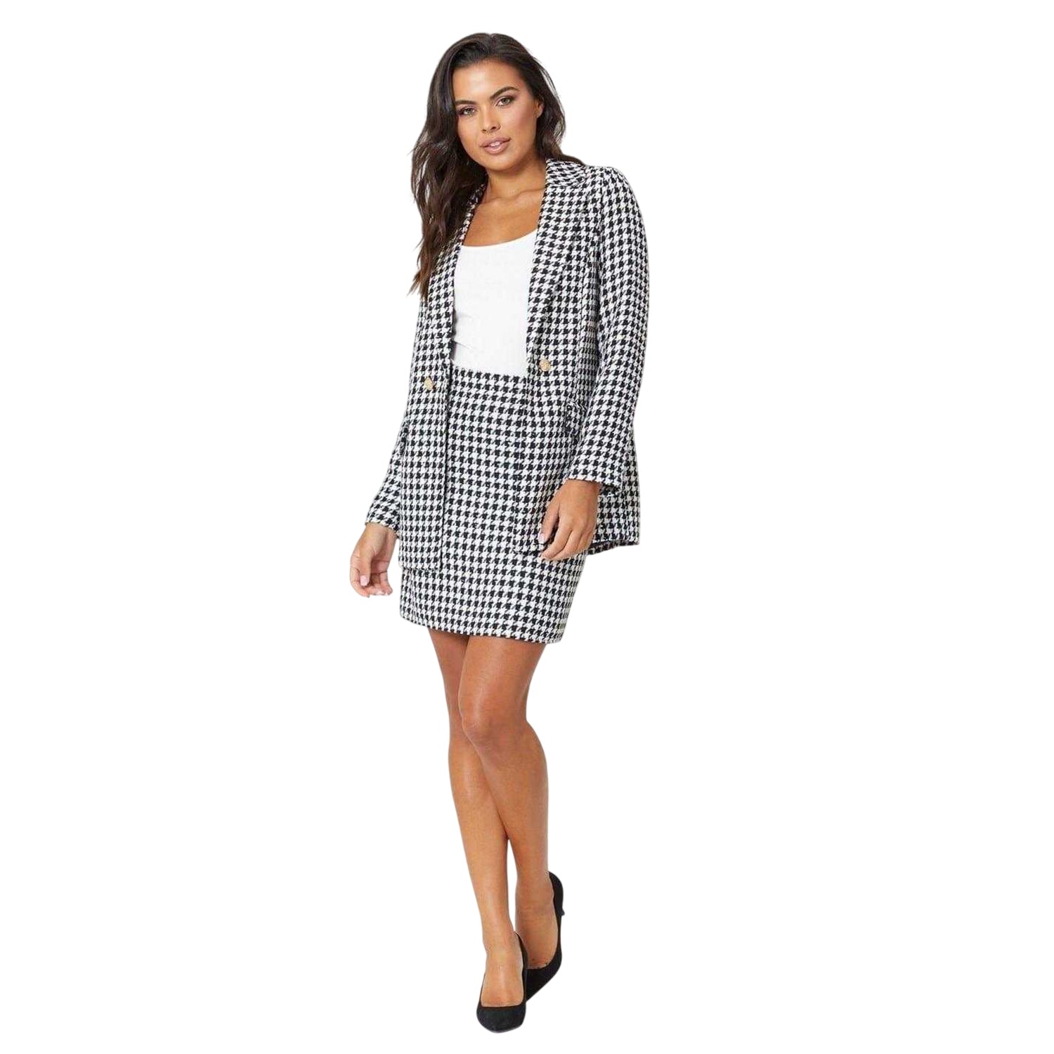 Black-White - Side - Be You Womens-Ladies Houndstooth Bouclé Mini Skirt