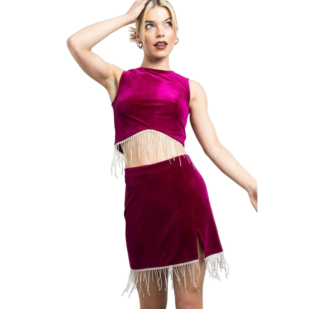 Magenta - Side - Daisy Street Womens-Ladies Velvet Mini Skirt