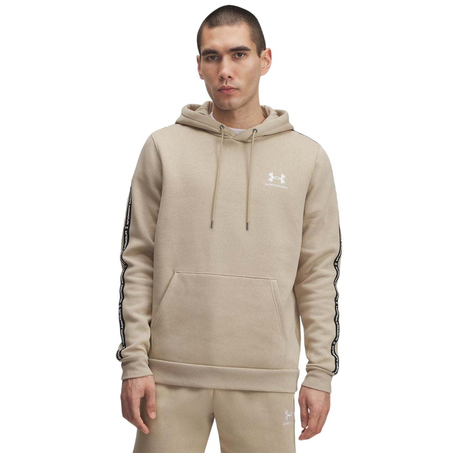 Khaki - Front - Under Armour Mens Icon Cotton Blend Taped Sleeve Hoodie