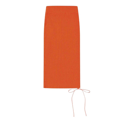 Coral Red - Back - Off White Womens-Ladies Knitted Side Tie Slim Midi Skirt